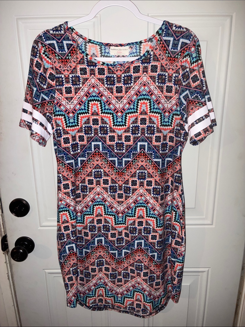 Bobbie Brooks Coral, Teal & Navy Geometric Short Sleeve Dress